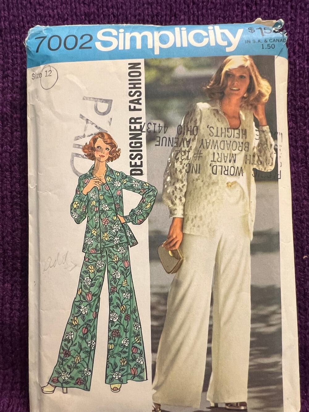 Simplicity 7002 Sewing pattern Wide leg pant top blouse 1970s size 12